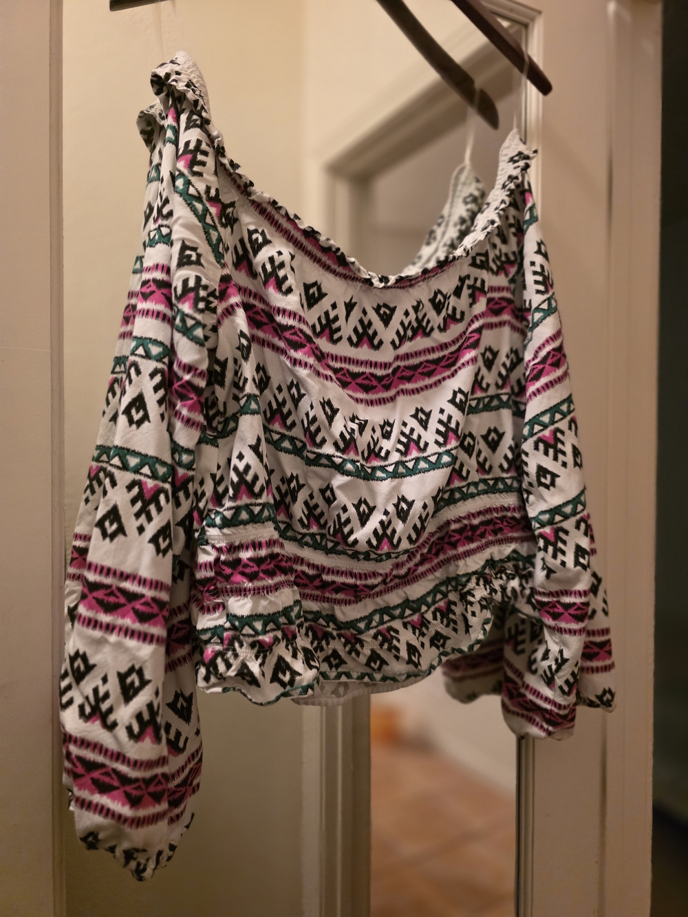 Printed Off-Shoulder Crop Top in White with Pink & Teal